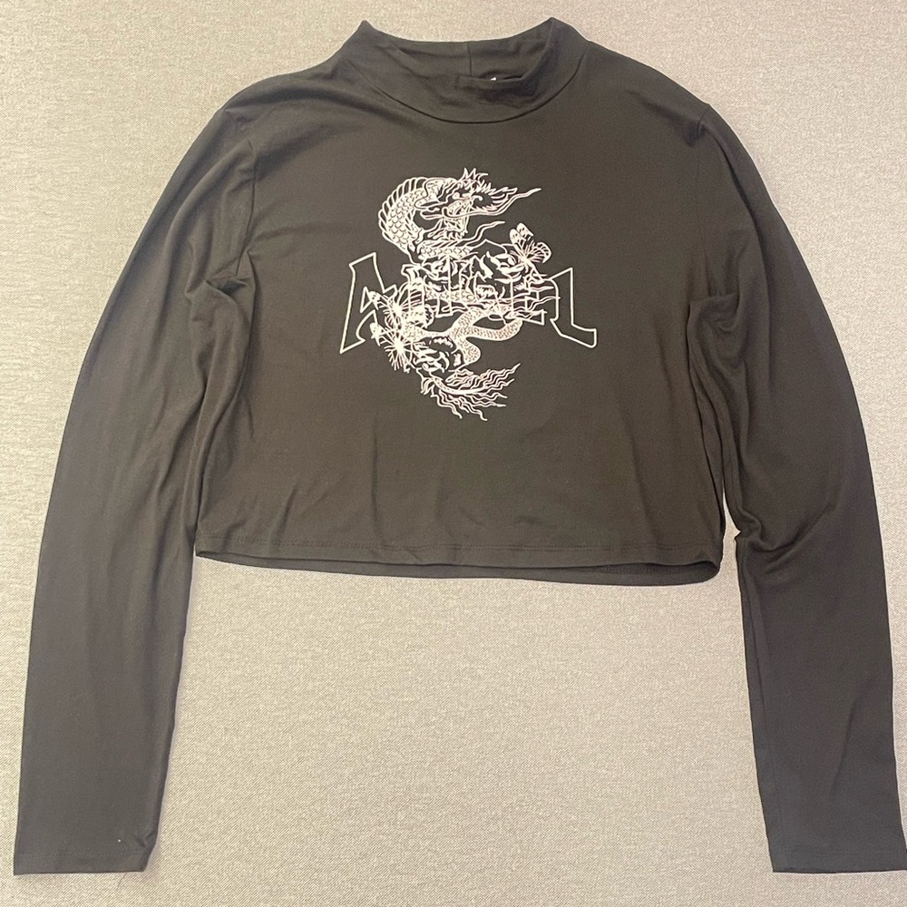 Graphic Crop‎ Top Long Sleeve Black Mock Neck Y2K Goth Streetwear XL